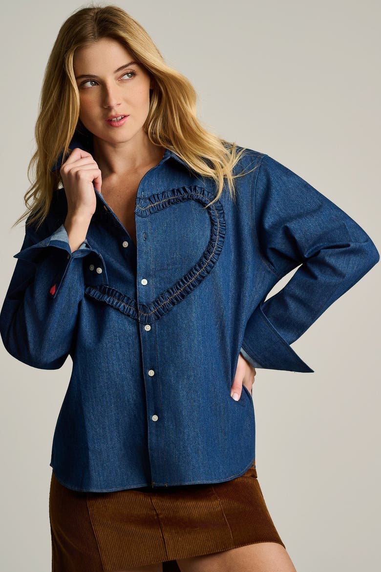 Ruffled Up Button-Up Shirt, Alternate, color, Denim
