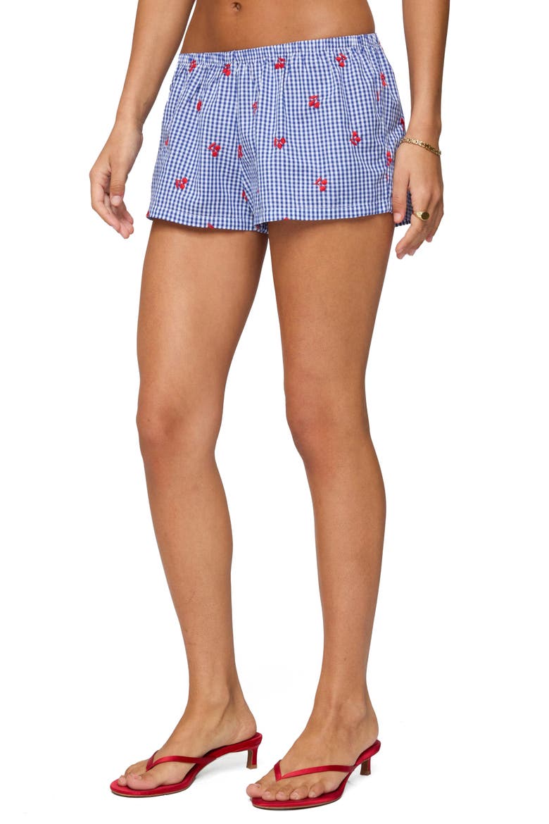 Embroidered Cherry Cotton Boxer Shorts, Alternate, color, BLUE