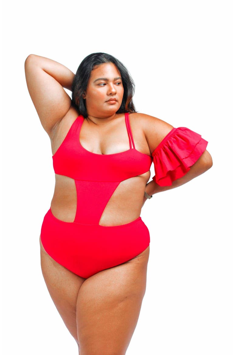 Rafa One Piece Swimsuit With Ruffle Sleeve, Main, color, Red