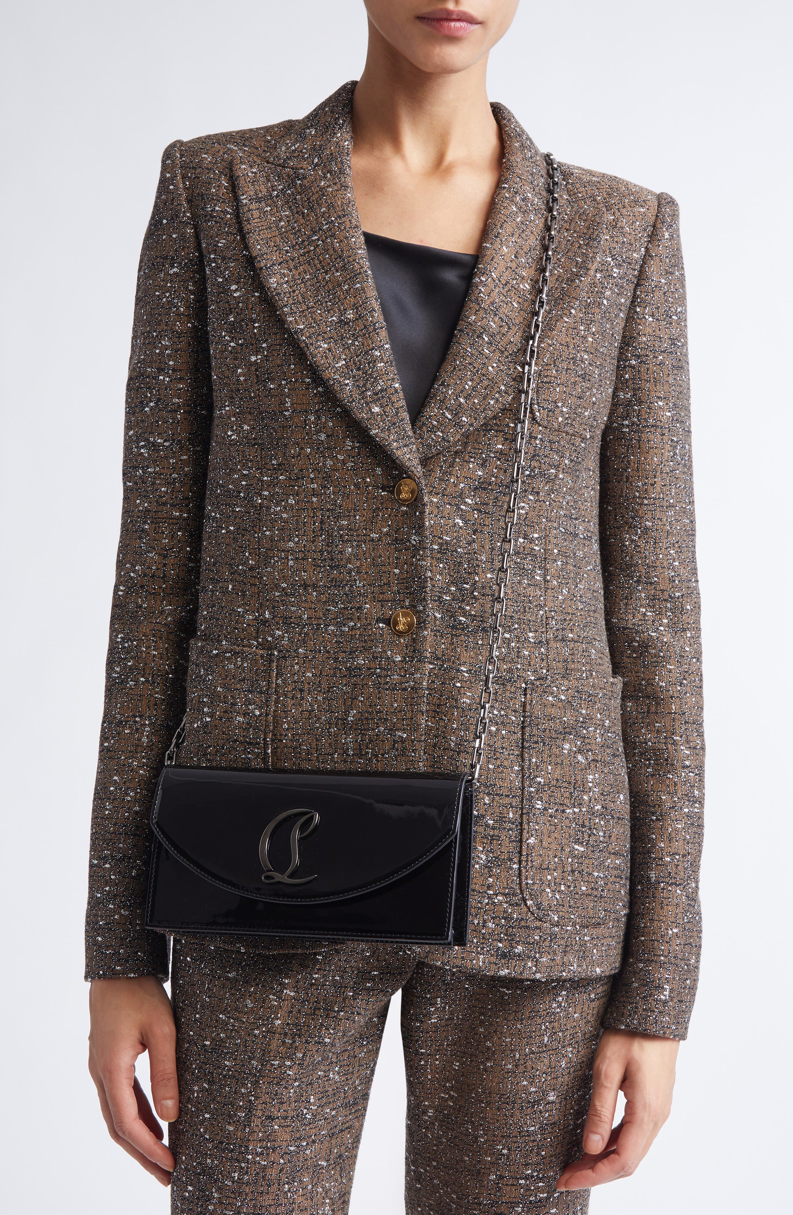 Christian Louboutin Loubi54 Patent Leather Clutch, Alternate, color, Black/ Gun Metal