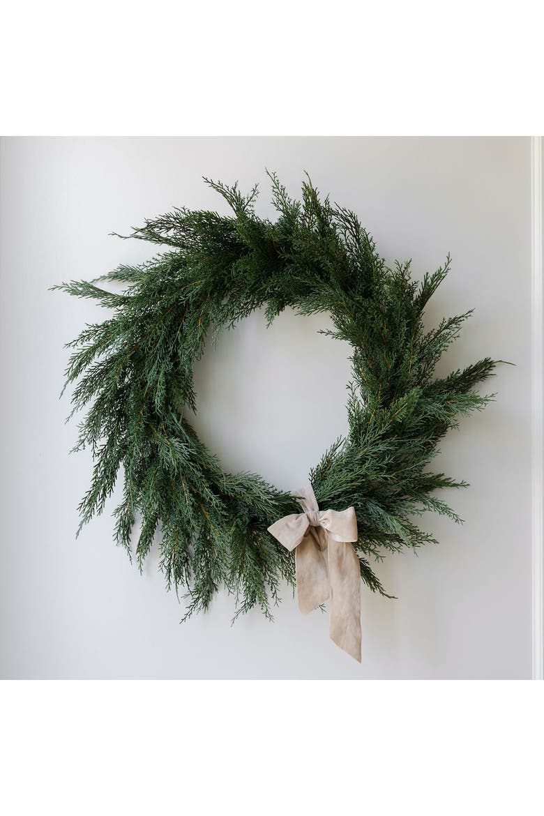 30" Faux Evergreen Cedar Wreath, Alternate, color, Green