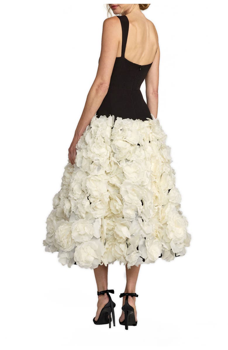 Mac Duggal Sleeveless A Line Crepe Midi Dress With Floral Hem, Alternate, color, Black Cream