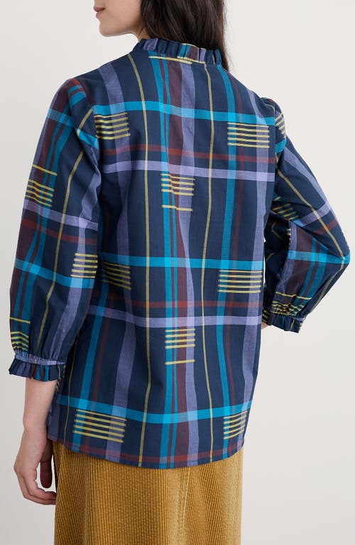 Seasalt Cornwall Aggie Ruffle Plaid Split Neck Shirt In Blue