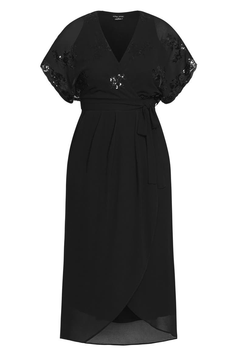 Sequin Bodice Faux Wrap Maxi Dress, Alternate, color, BLACK