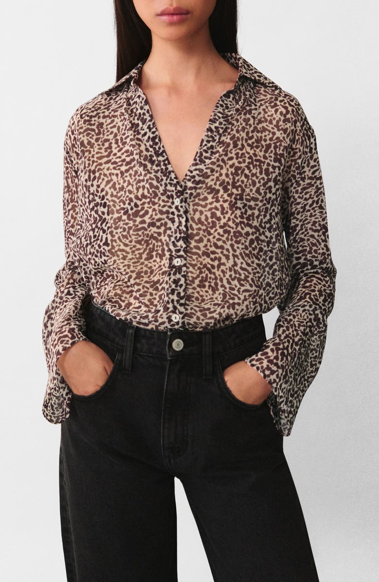 MANGO Leopard Print Fluid Button-Up Shirt, Main, color, Brown