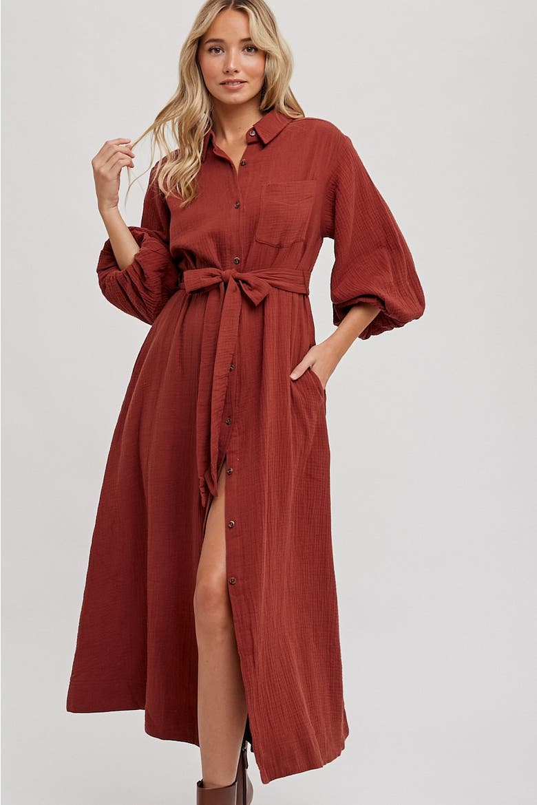 Gauze Belted Shirt Midi Dress, Alternate, color, Rust
