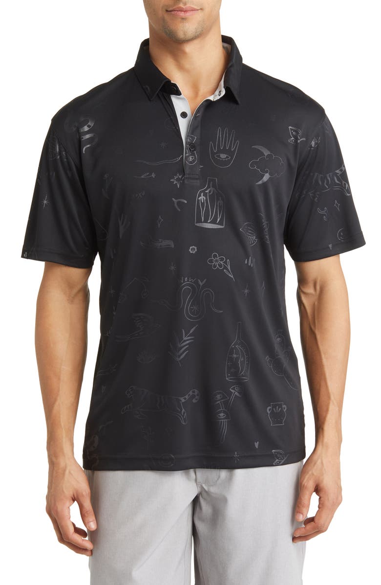 Swannies Brock Doodle Print Piqué Golf Polo, Main, color, Black-Fog