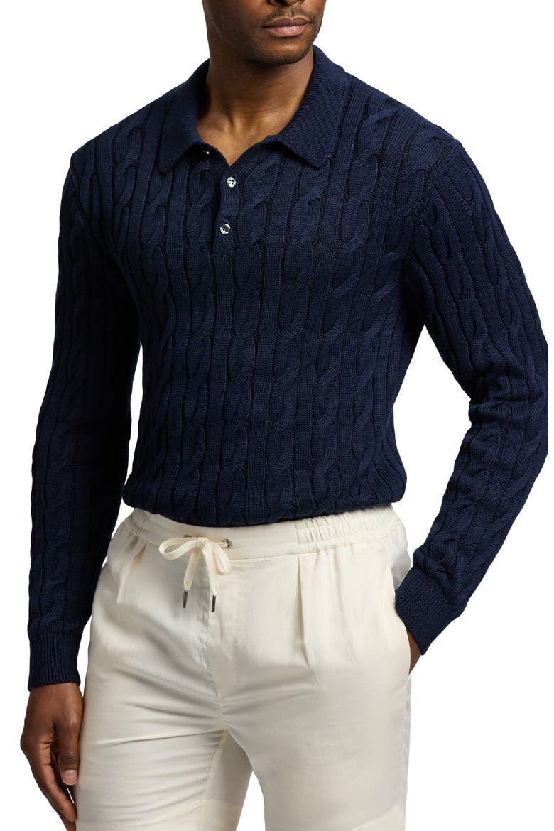 Cable Stitch Long Sleeve Cotton & Mulberry Silk Polo Sweater, Main, color, CLASSIC CHAIRMAN NAVY
