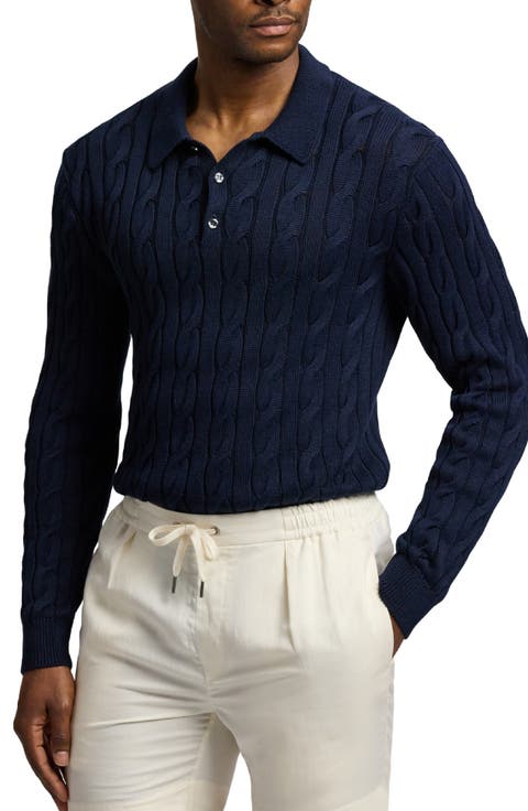 Cable Stitch Long Sleeve Cotton & Mulberry Silk Polo Sweater