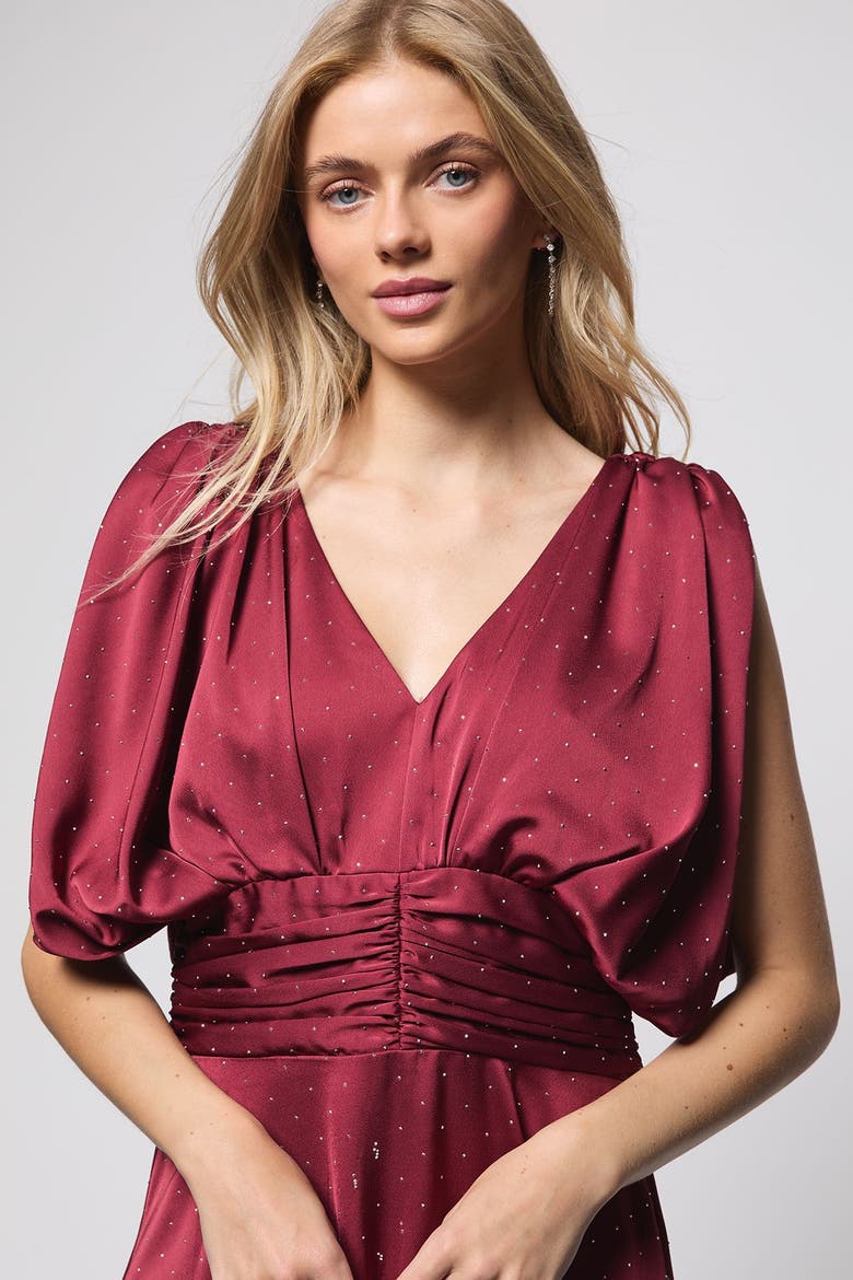 Hotfix Detail Ruched Bodice Midi Dress, Alternate, color, Wine