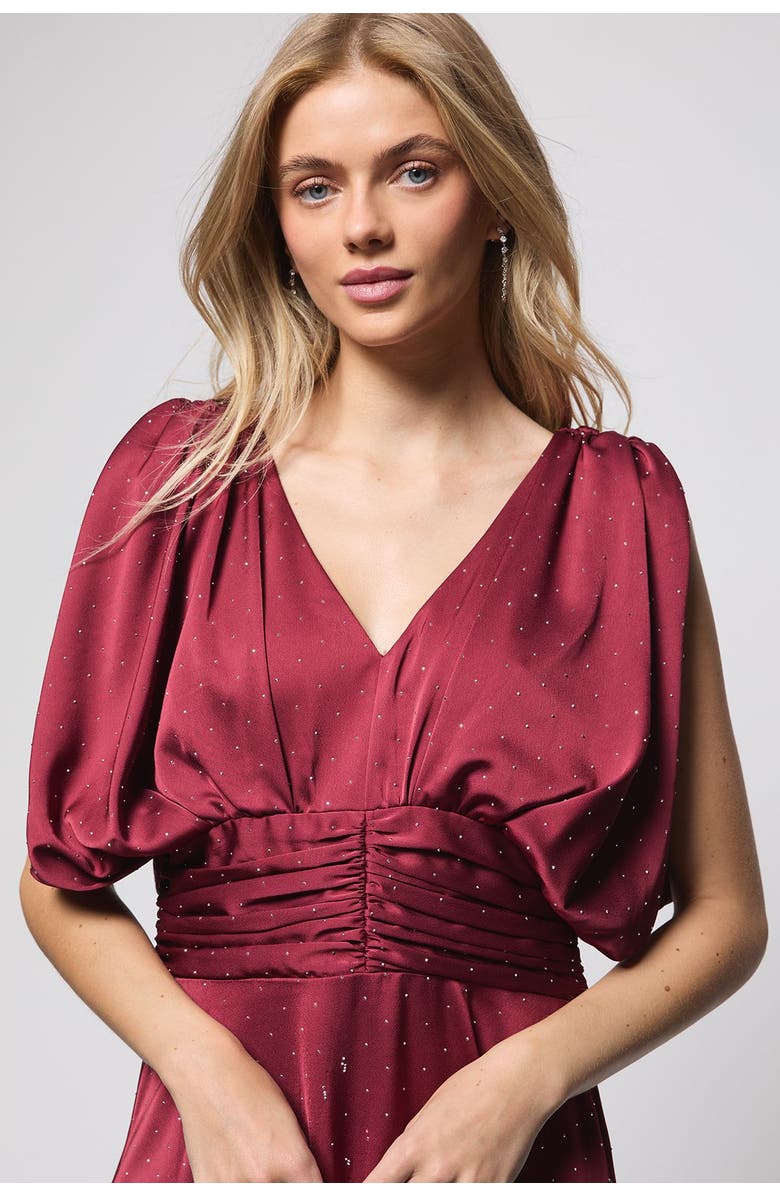 Oasis Hotfix Detail Ruched Bodice Midi Dress, Alternate, color, Wine