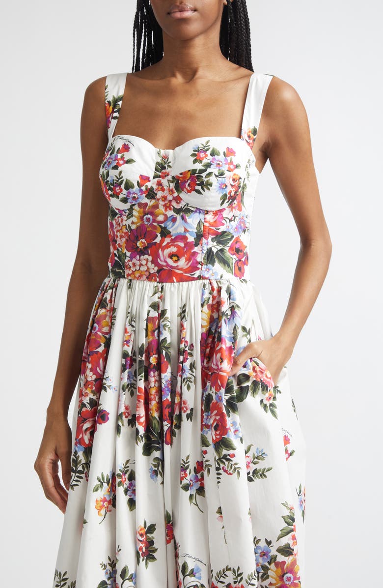Dolce&Gabbana Floral Bouquet Print Pleated Poplin Fit & Flare Dress, Alternate, color, Mazz.fiori F.bianco