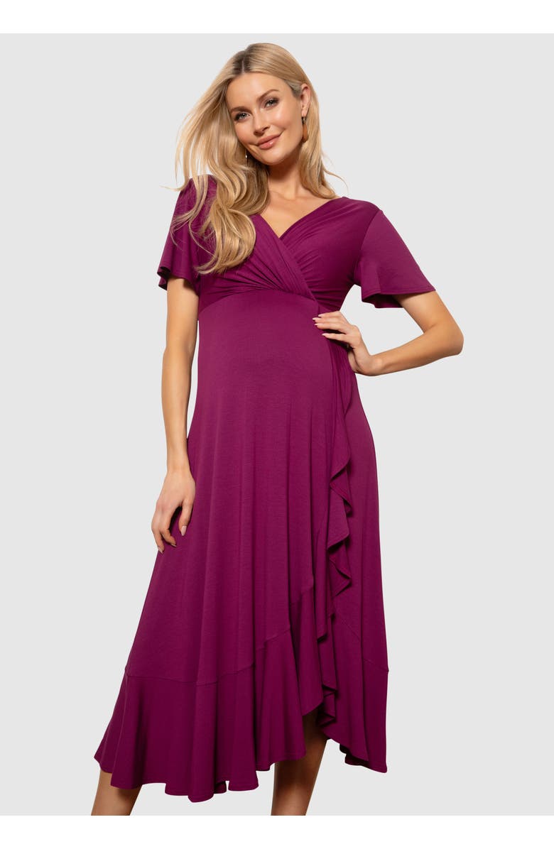 Tiffany Rose Maternity Waterfall Midi Maternity Dress, Main, color, Plum Wine
