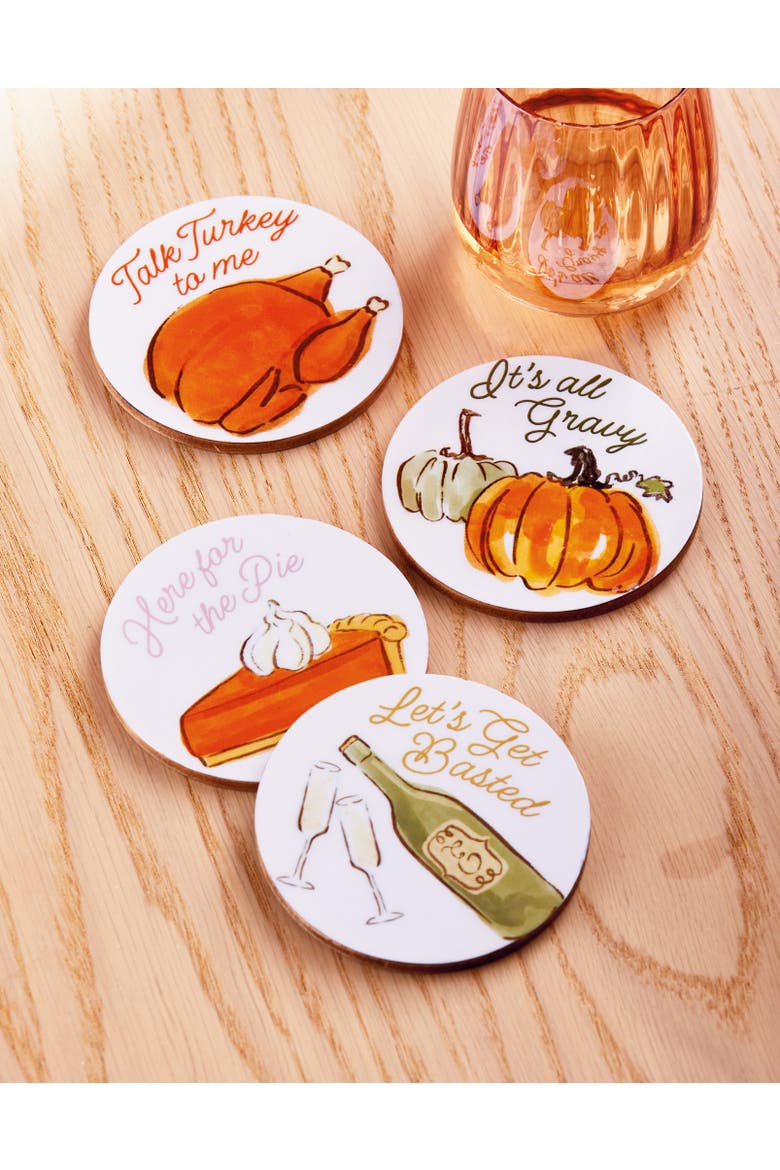 Turkey & Toast Bar Coaster Set of 4 Multi MDF Enamel 4x4 in Fall, Alternate, color, White
