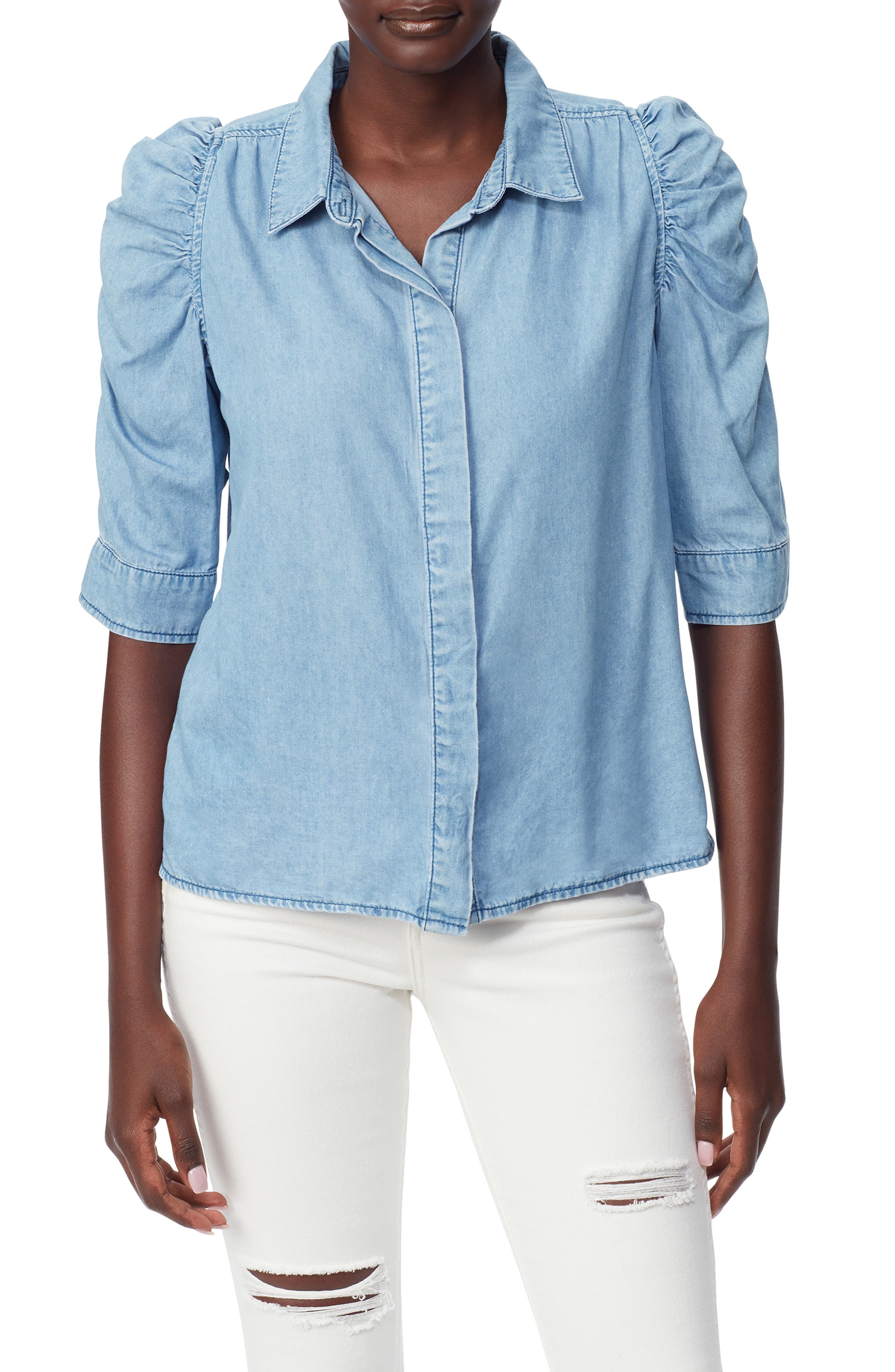 Sam Edelman Austin Puff Sleeve Chambray Button-Up Top (Women ...
