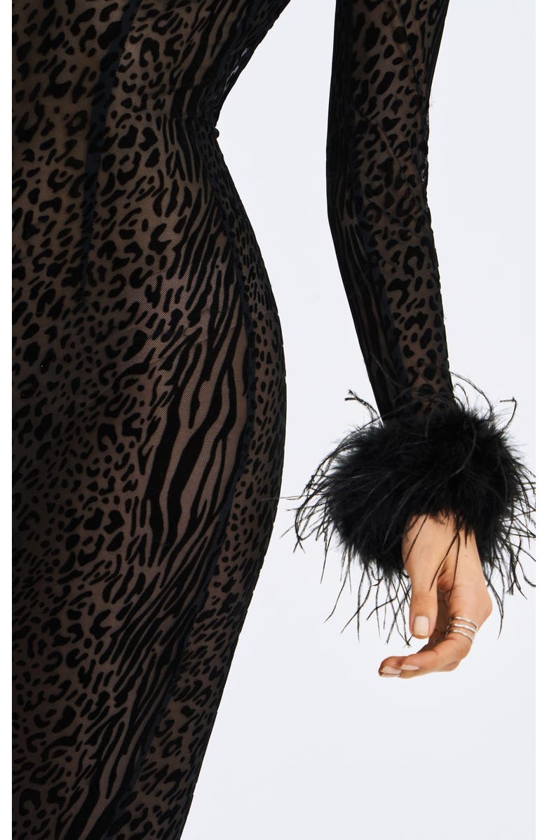 Miss Circle Patricia Faux Fur Sleeve Trim Velvet Mesh Maxi Dress, Alternate, color, Black