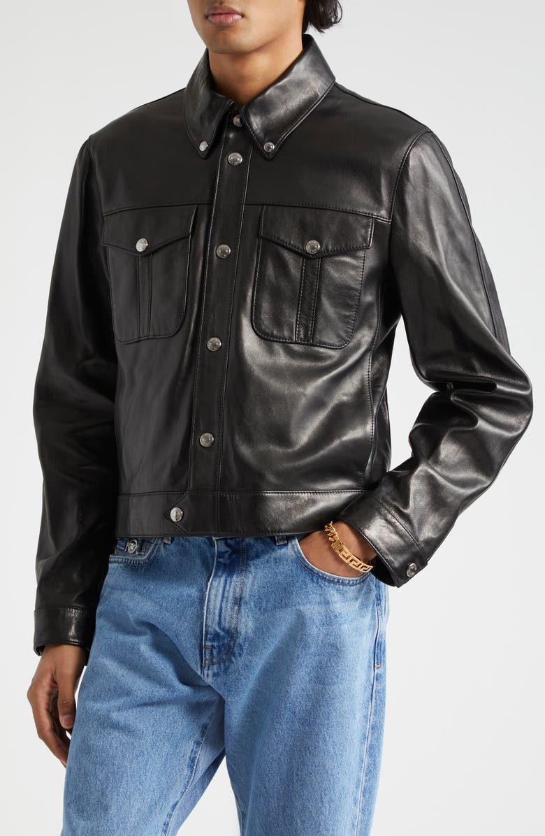 Versace Blouson Leather Jacket, Alternate, color, Black