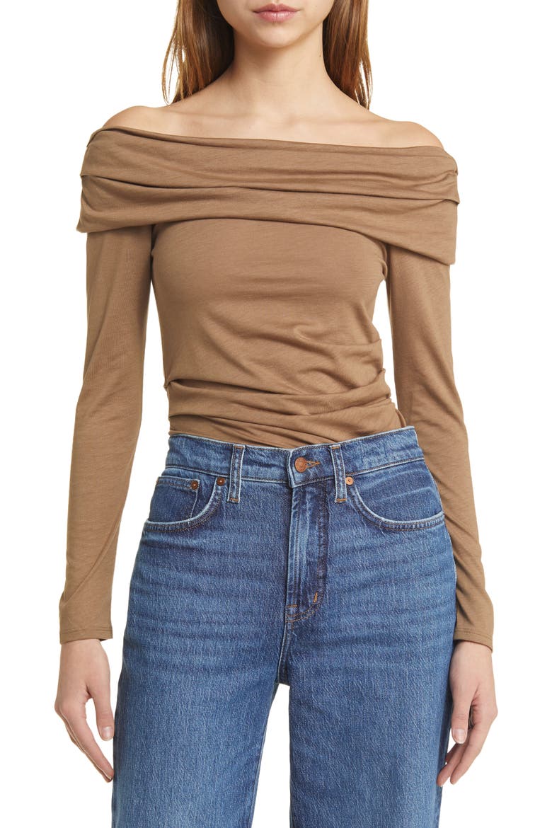 Abana Drape Off the Shoulder Long Sleeve Pima Cotton Blend Top, Main, color, TEDDY
