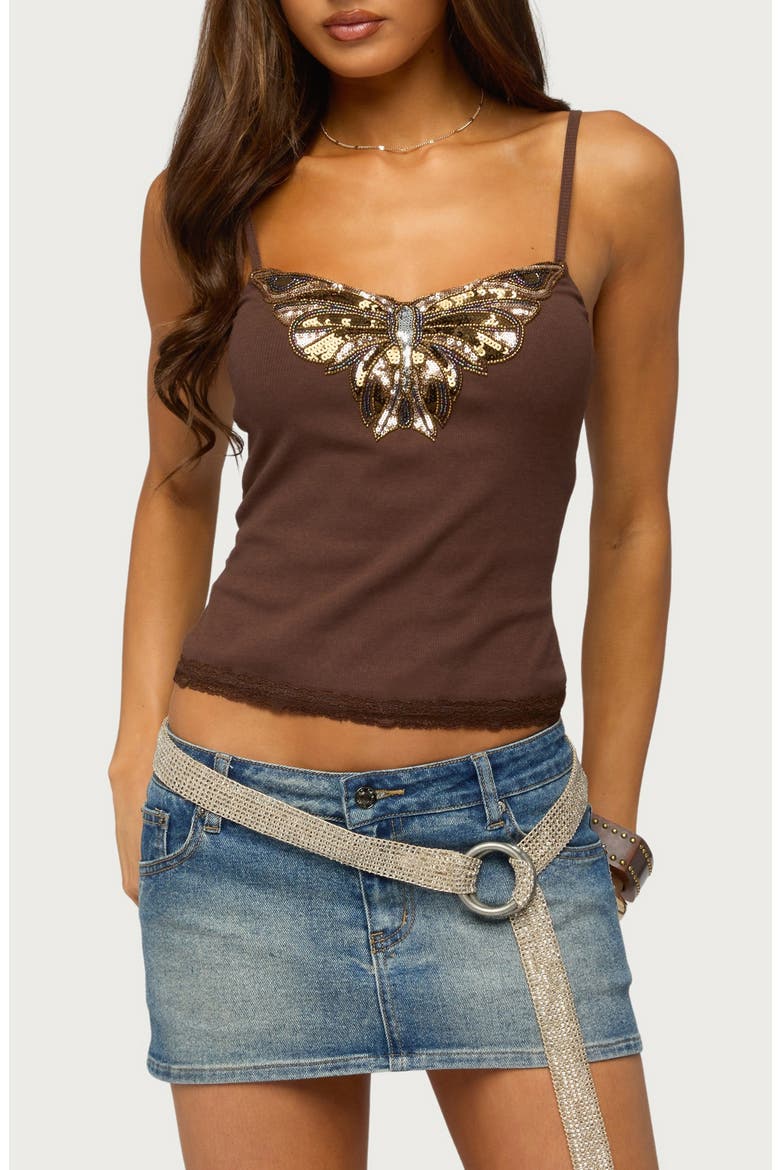 Sequin Butterfly Ribbed Tank, Main, color, BROWN