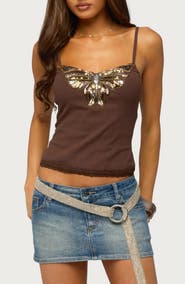 EDIKTED Sequin Butterfly Ribbed Tank