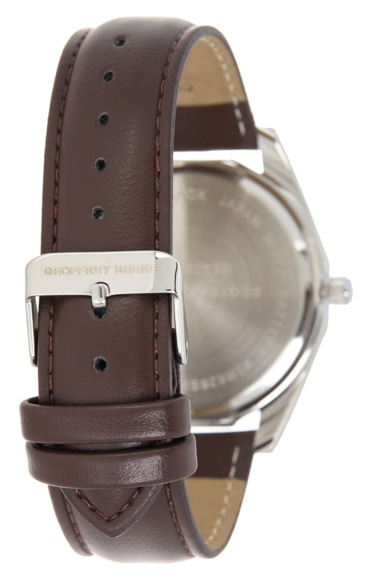 GEOFFREY BEENE Decagon Diamond Dial Leather Strap Watch, 42mm, Alternate, color, Silver