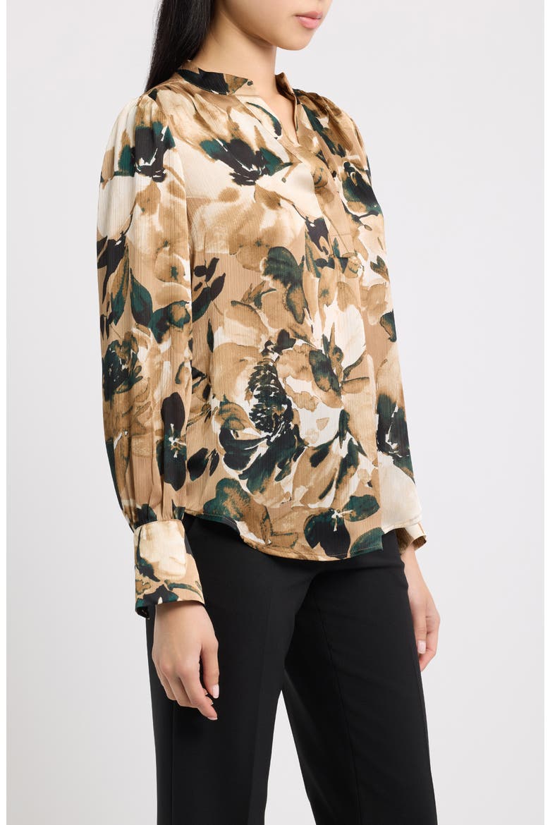 Floral Pleat Front Top, Alternate, color, LIGHT COFFEE MULTI