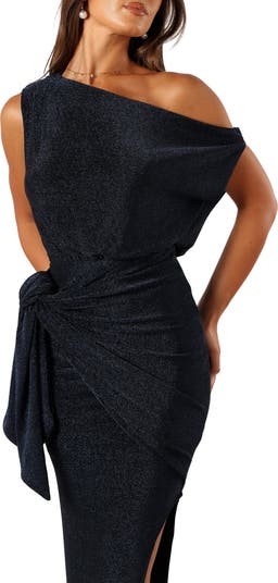 Santiago Metallic Side Tie One-Shoulder Midi Dress