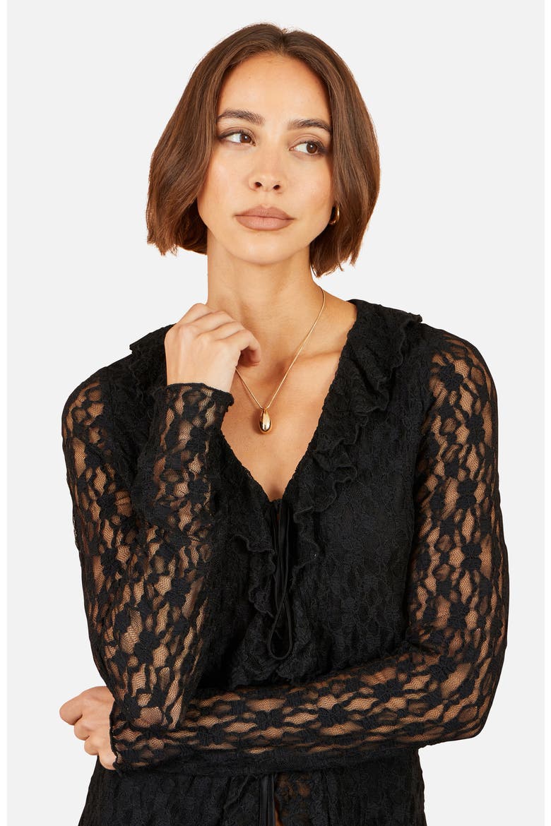 Ruffled Lace Tie Neck Top, Alternate, color, Black