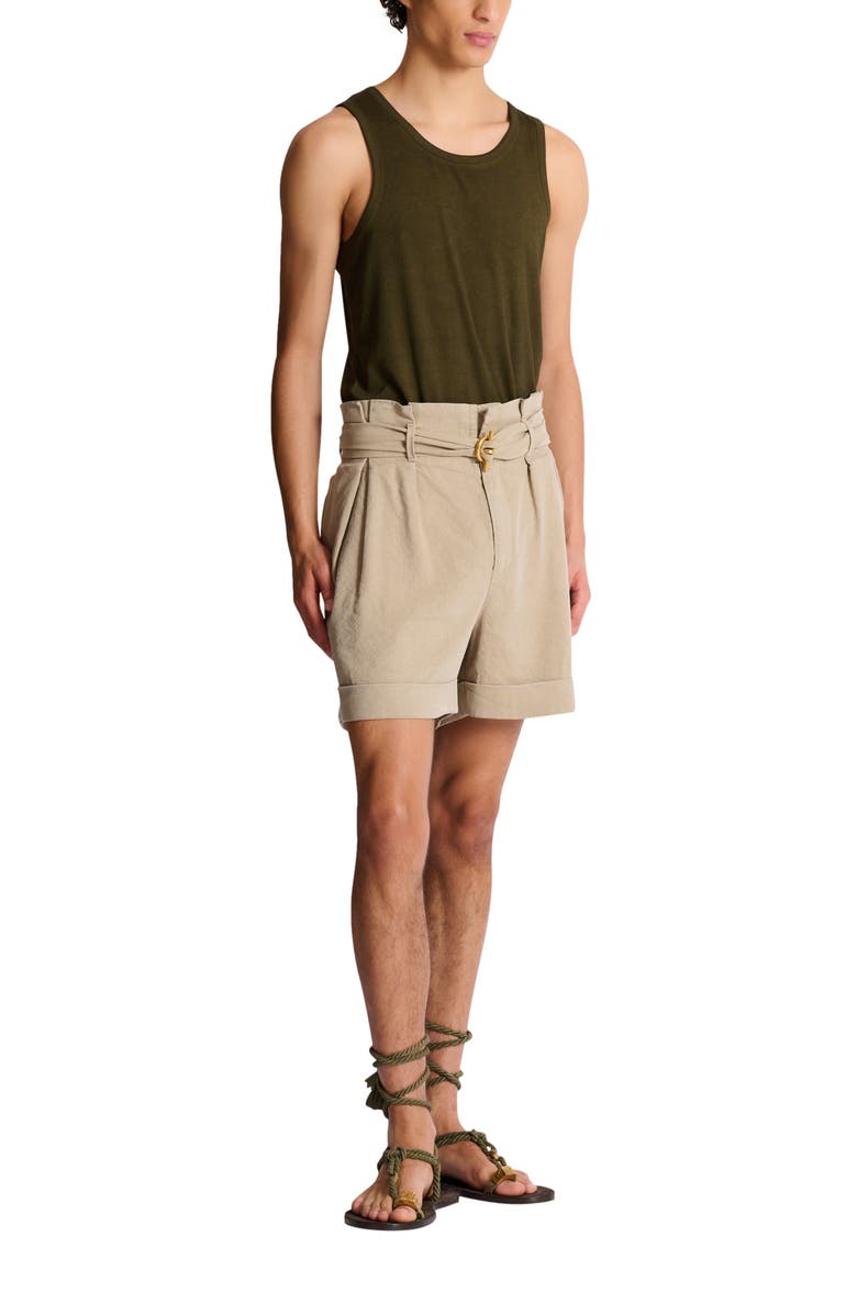 Balmain Cotton and linen Bermuda shorts with T-Bar belt, Main, color, Beige