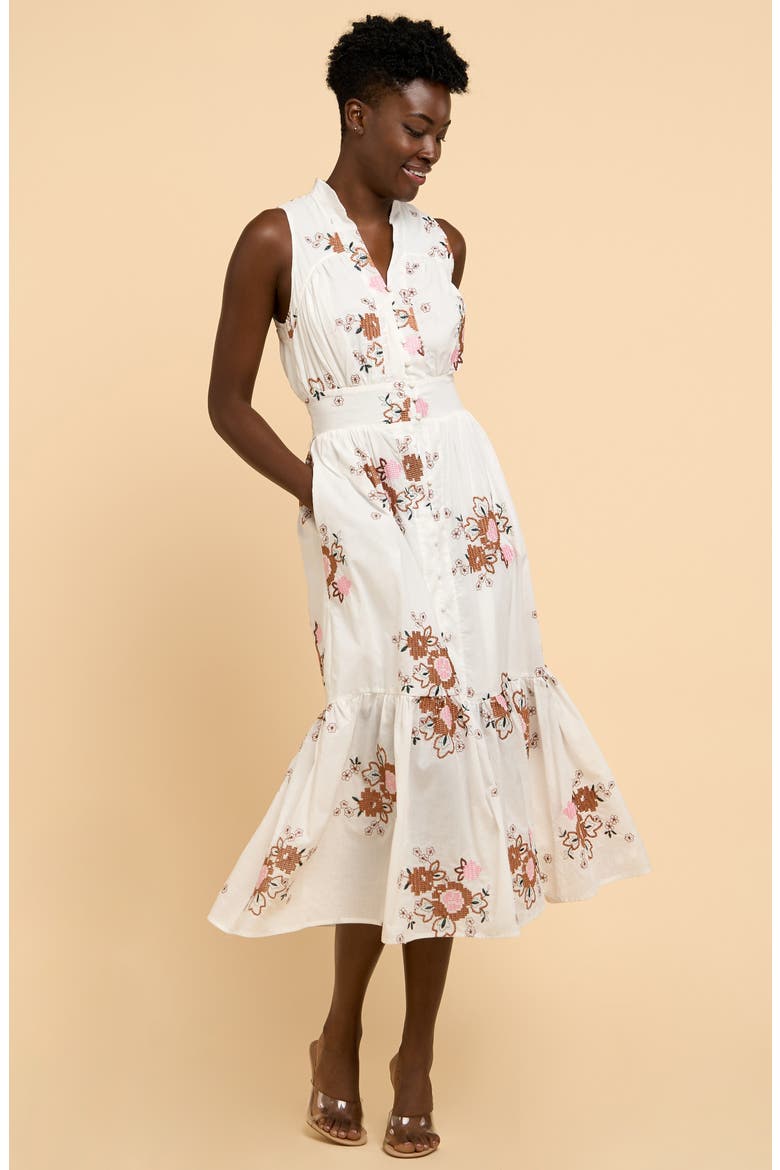 Andira Floral Embroidery Cotton Midi Dress, Alternate, color, WHITE