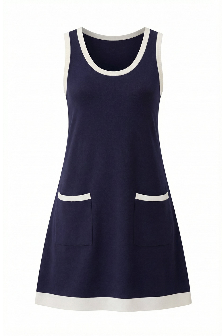 Sleeveless Knit Mini Dress with Contrast Trim and Front Pockets, Alternate, color, Navy Blue