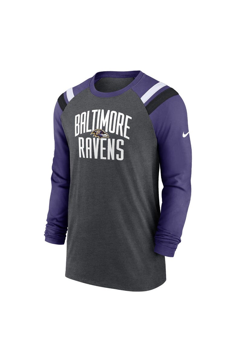 Nike Men's Nike Heathered Charcoal/Purple Baltimore Ravens Tri-Blend Raglan Athletic Long Sleeve Fashion T-Shirt, Alternate, color,