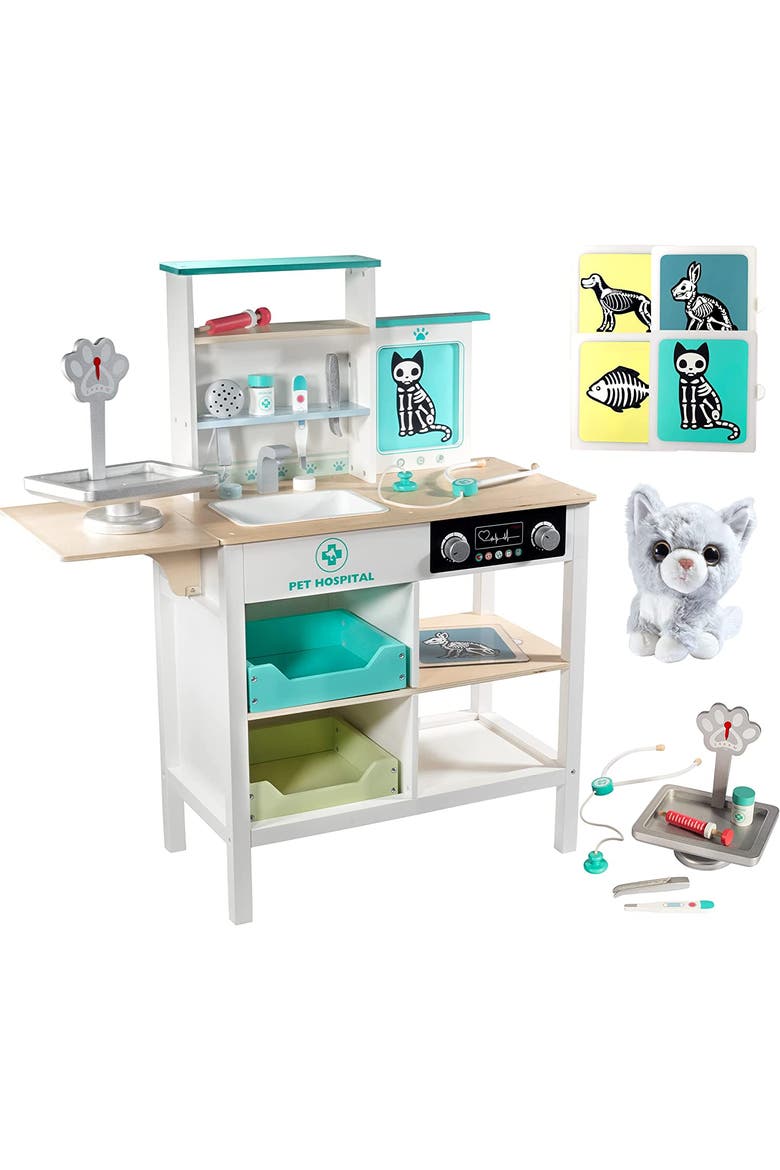 Vet Center Pretend Pet Hospital Playset- Wooden Animal Interactive Medical Checkup Set with Toy Cat, Veterinarian Medical Accessories, Main, color, White