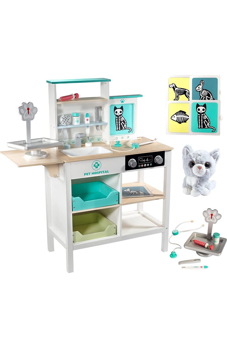 SVAN Vet Center Pretend Pet Hospital Playset- Wooden Animal Interactive Medical Checkup Set with Toy Cat, Veterinarian Medical Accessories, Main, color, White