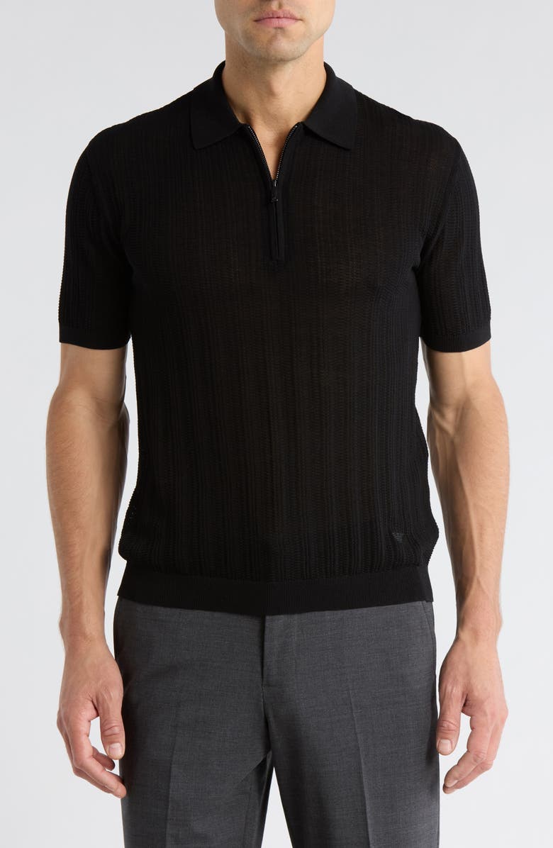 Emporio Armani Textured Quarter Zip Polo, Main, color, Solid Black