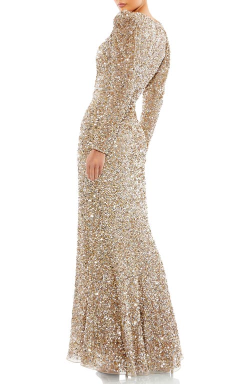 Mac Duggal Long Sleeve Sequin Trumpet Gown In Shimmering Gold