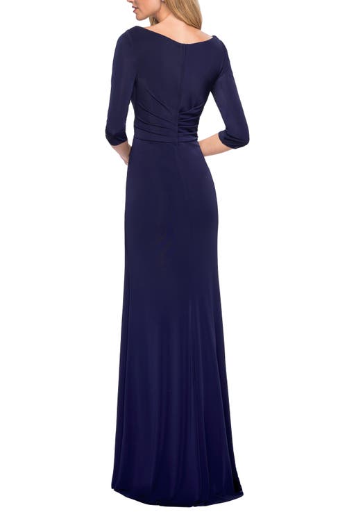 La Femme Ruched Jersey Column Gown In Navy