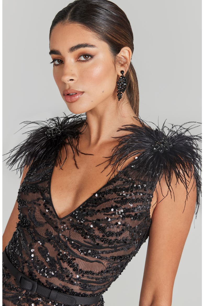 Jenna Ostrich Feather Trim Sequin Belted Jumpsuit, Alternate, color, BLACK