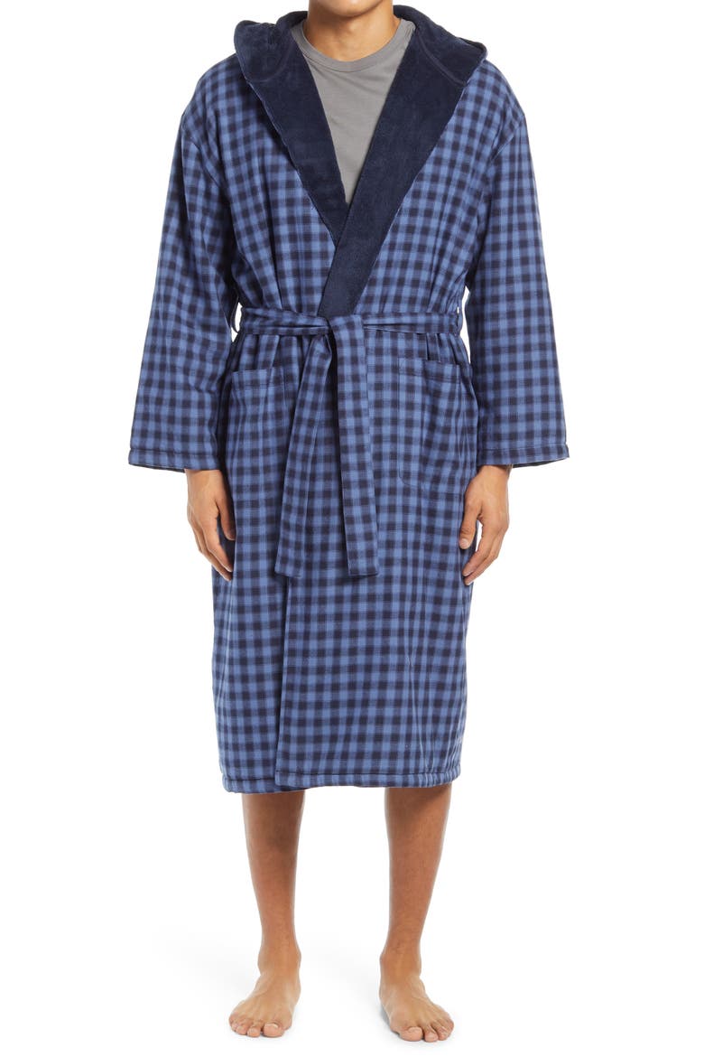 Plush Flannel Hooded Robe, Main, color, CHAMBRAY PLAID