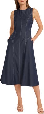 Maggy London Contrast Stitch Sleeveless Denim Midi Dress