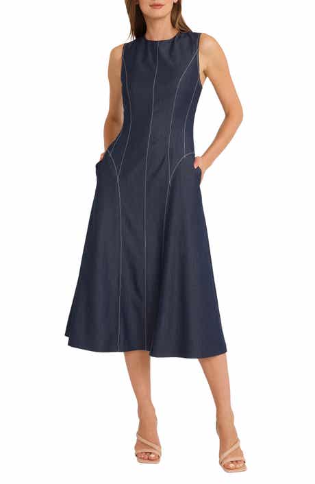Maggy London Contrast Stitch Sleeveless Denim Midi Dress