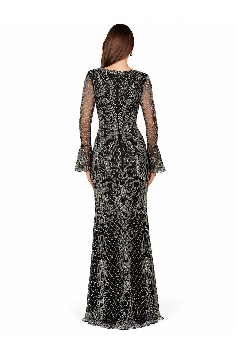 Long Bell Sleeve V-Neck Beaded Gown, Alternate, color, Black/Silver