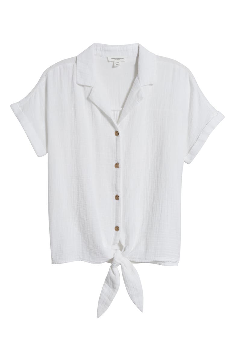 beachlunchlounge Rain Tie Front Short Sleeve Cotton Gauze Button-Up Shirt, Alternate, color,