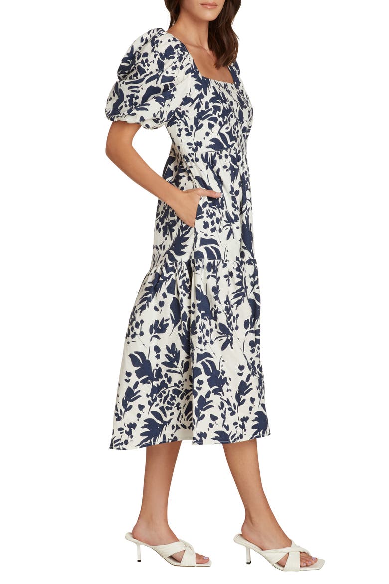Margot Puff Sleeve Linen Blend Midi Dress, Alternate, color, INDIGO
