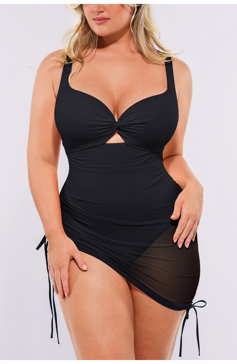 Shapellx Mesh Wrap Tummy Control One Piece Swimsuit, Main, color, Black
