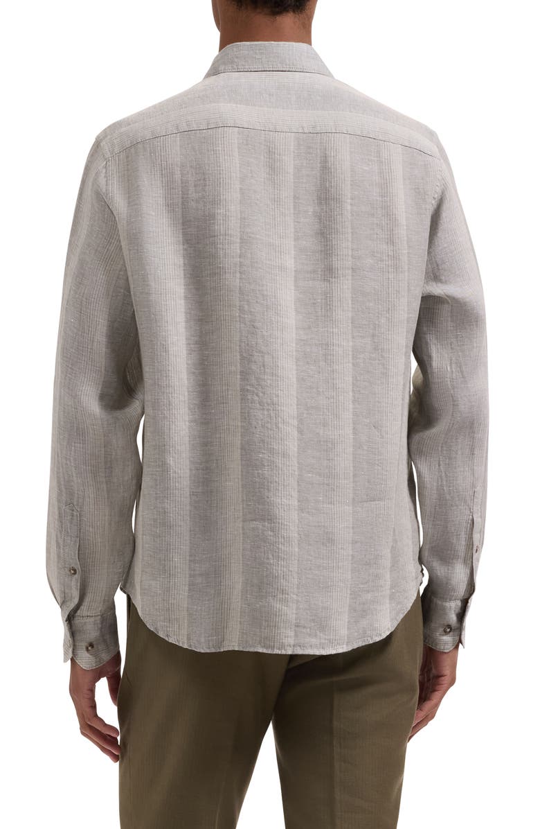 Bugatchi Julian Shaped Fit Shadow Stripe Linen Button-Up Shirt, Alternate, color, Khaki