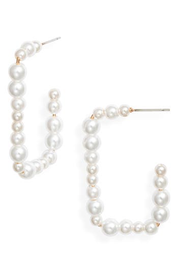 Open Edit Imitation Pearl Rectangle Hoop Earrings In White