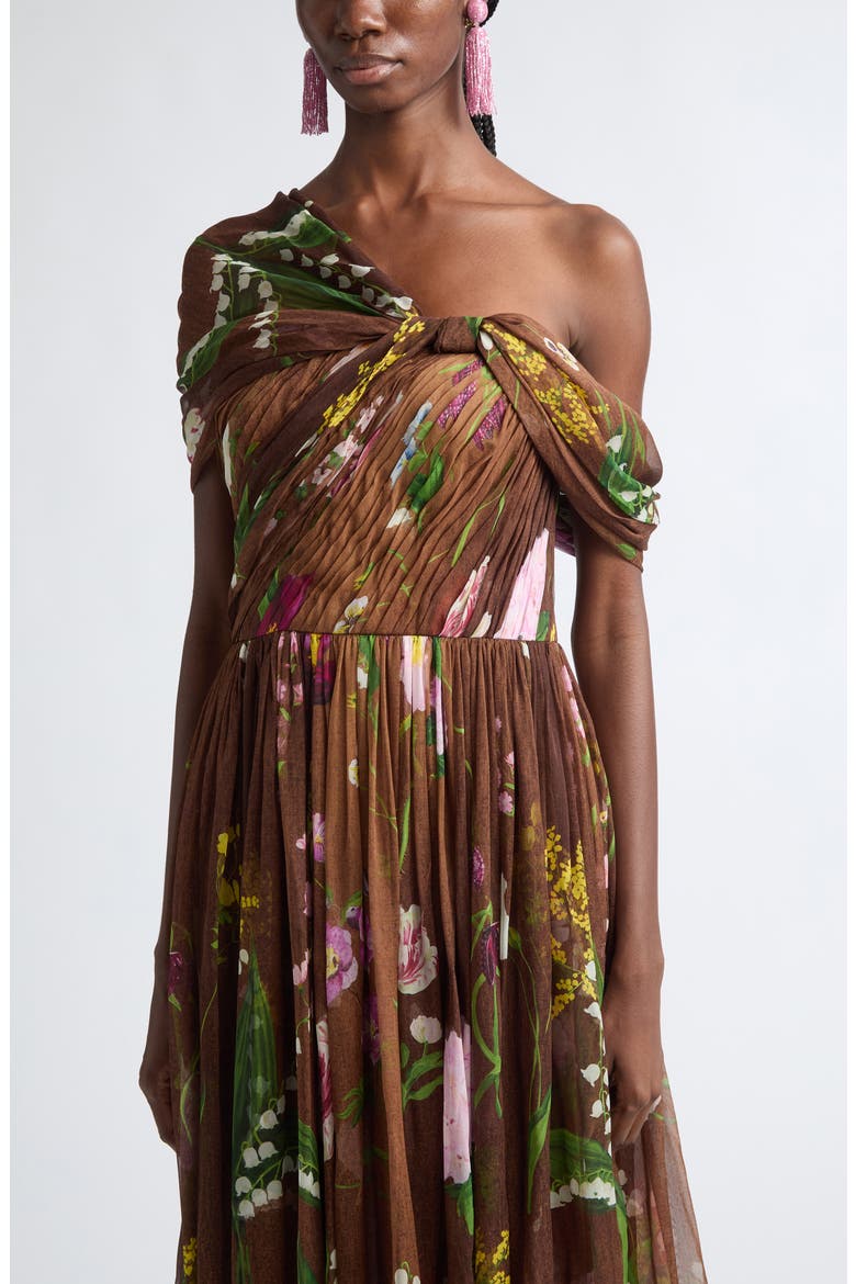 Floral One-Shoulder Silk Chiffon Gown, Alternate, color, BROWN MULTI