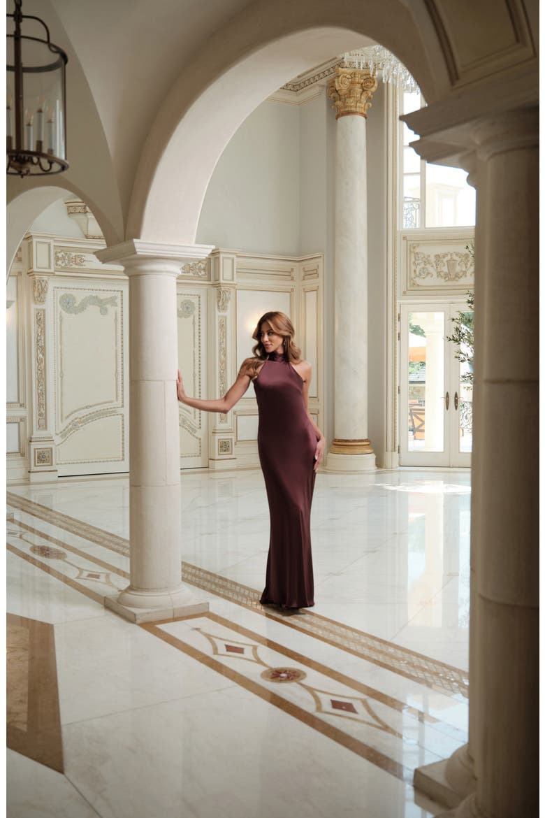 Halter Neck Satin Sheath Gown, Alternate, color, CHOCOLATE