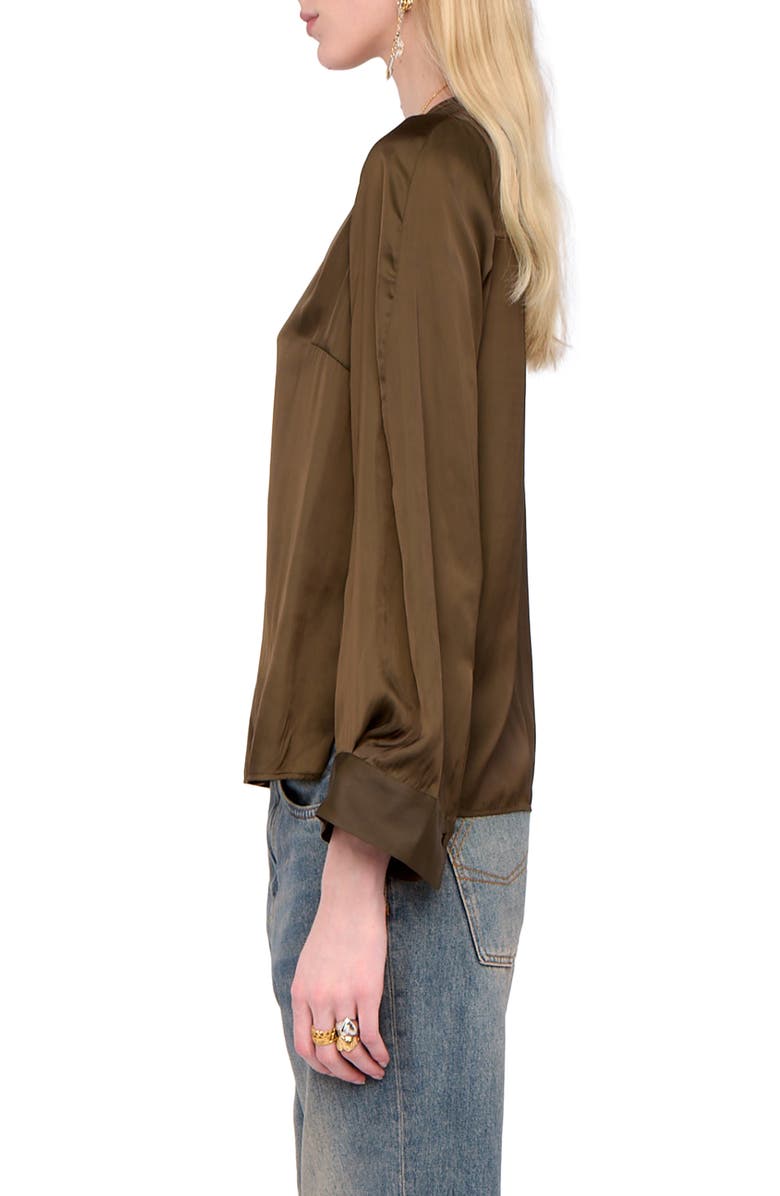 Zadig & Voltaire Torny Satin Split Neck Top, Alternate, color, Moss